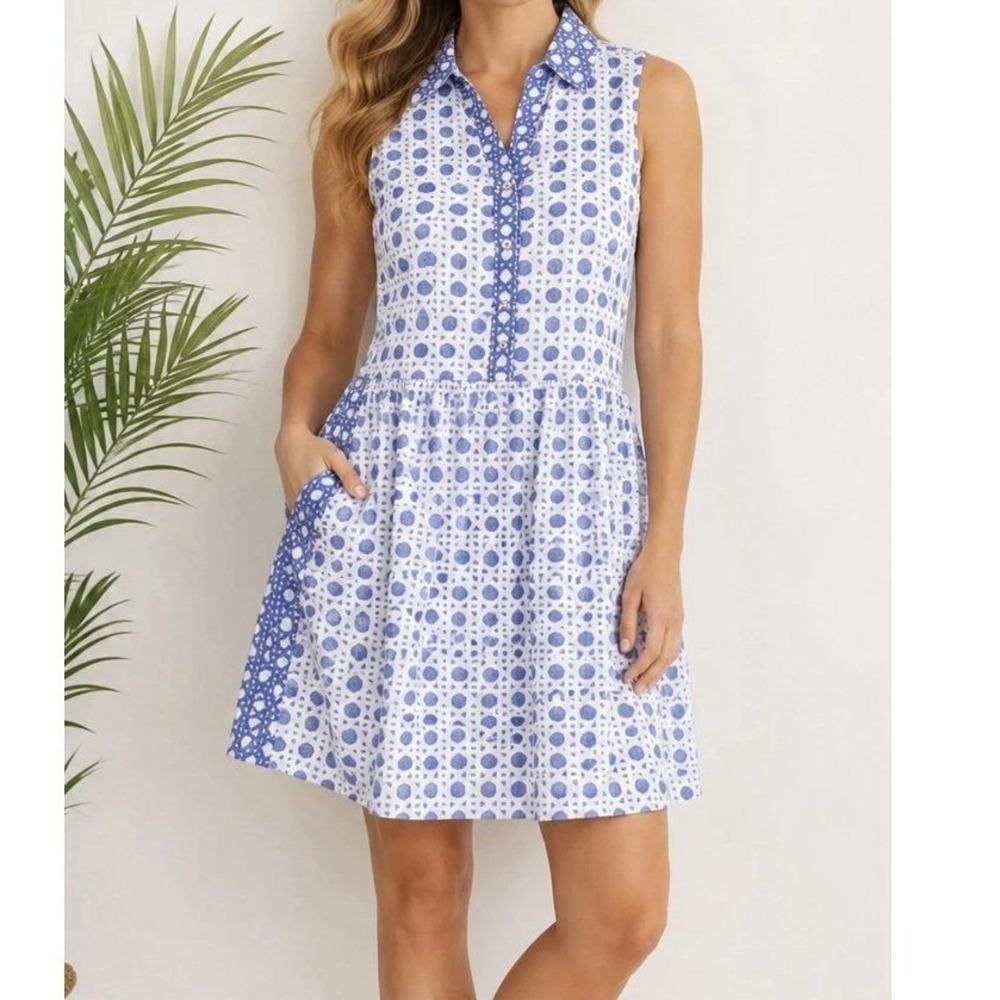 Vineyard Vines Painted Geo Sleeveless Shirtdress Blue White Linen Rattan Caning4